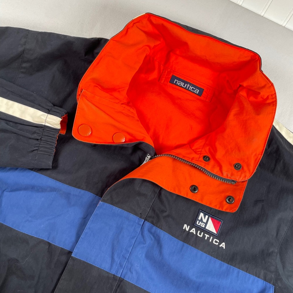 VTG Nautica Reversible Colorblock‎ Windbreaker Jacket Hood Orange Blue Large